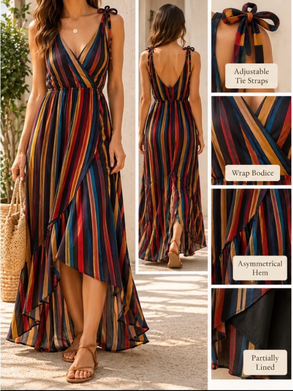 Boho Stripe Wrap Maxi Dress - Multicolor